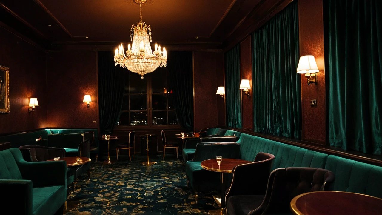 Salon de club privé feutré, velours et lumière tamisée, sans personne